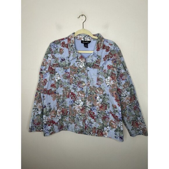 Denim and Co Blue Floral Spring Jacket Button Up  Pockets Pastel Size Large - Picture 1 of 8